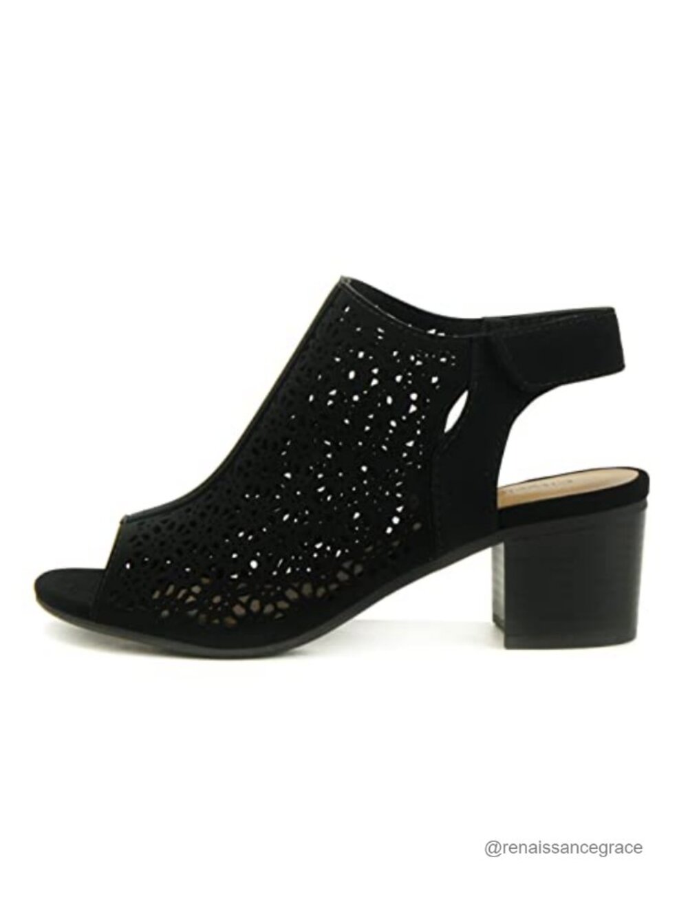 Women's Peep Toe Laser Cut Geometric Caged Slingback Ankle Strap Low Stacked